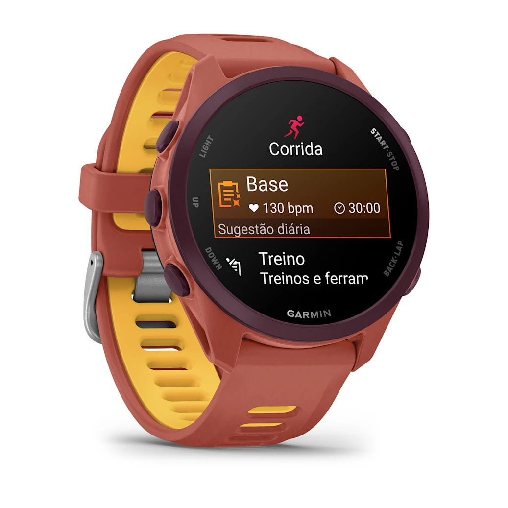 Garmin Forerunner 170 Music Red Pink/Mango, vista lateral com botões