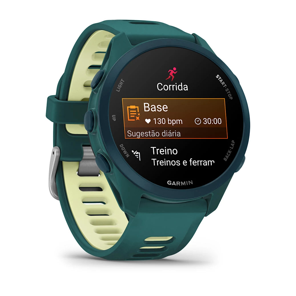 Garmin Forerunner 170 Music Teal Green/Citron, vista lateral com botões